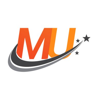 İlk harfi MU logotype şirketi. Renkli turuncu ve gri swoosh yıldız tasarımı. iş ve şirket kimliği için vektör logosu.