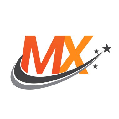 İlk harf MX logotype şirketi adı turuncu ve gri renkli Swoosh yıldız tasarımı. iş ve şirket kimliği için vektör logosu.