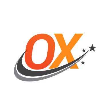 İlk harfi OX logotype şirketi. Renkli turuncu ve gri renkli Swoosh yıldız tasarımı. iş ve şirket kimliği için vektör logosu.