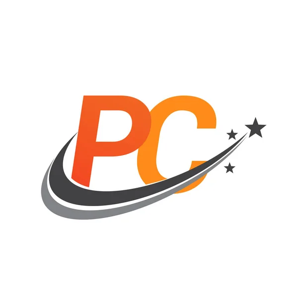 初期の文字Pcのロゴタイプ会社の名前の色オレンジとグレーのスウッシュスターデザイン ビジネスと会社のアイデンティティのためのベクトルロゴ — ストックベクタ