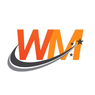 İlk harfi WM logotype şirketi. Renkli turuncu ve gri swoosh yıldız tasarımı. iş ve şirket kimliği için vektör logosu.