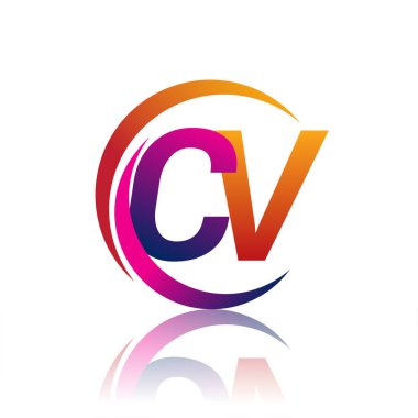 İlk harf CV logotype şirketi daire ve swoosh tasarımında turuncu ve morumsu renkte. iş ve şirket kimliği için vektör logosu.