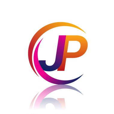 İlk harf JP logotype şirketi daire ve swoosh tasarımında turuncu ve morumsu renkte. iş ve şirket kimliği için vektör logosu.
