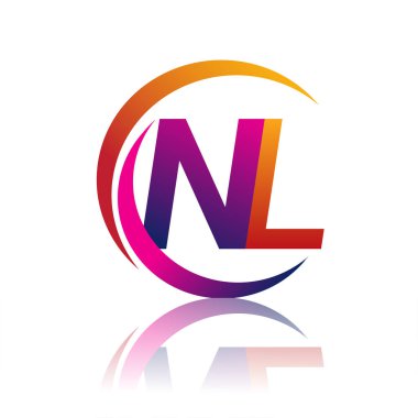 İlk harf NL logotype şirketi daire ve swoosh tasarımında turuncu ve morumsu renkte. iş ve şirket kimliği için vektör logosu.