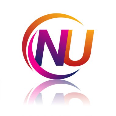 İlk harf NU logotype şirketi daire ve swoosh tasarımında turuncu ve morumsu renkte. iş ve şirket kimliği için vektör logosu.
