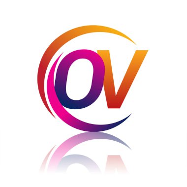 İlk harf OV logotype şirketi daire ve swoosh tasarımında turuncu ve morumsu renkte. iş ve şirket kimliği için vektör logosu.