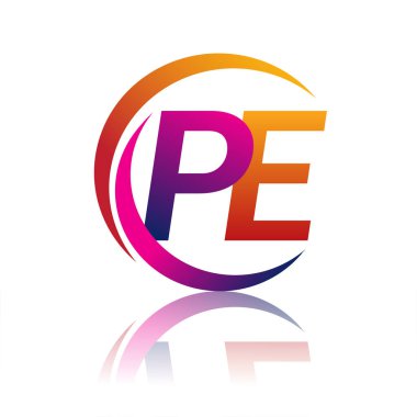 İlk harf PE logotype şirketi daire ve swoosh tasarımında turuncu ve morumsu renkte. iş ve şirket kimliği için vektör logosu.