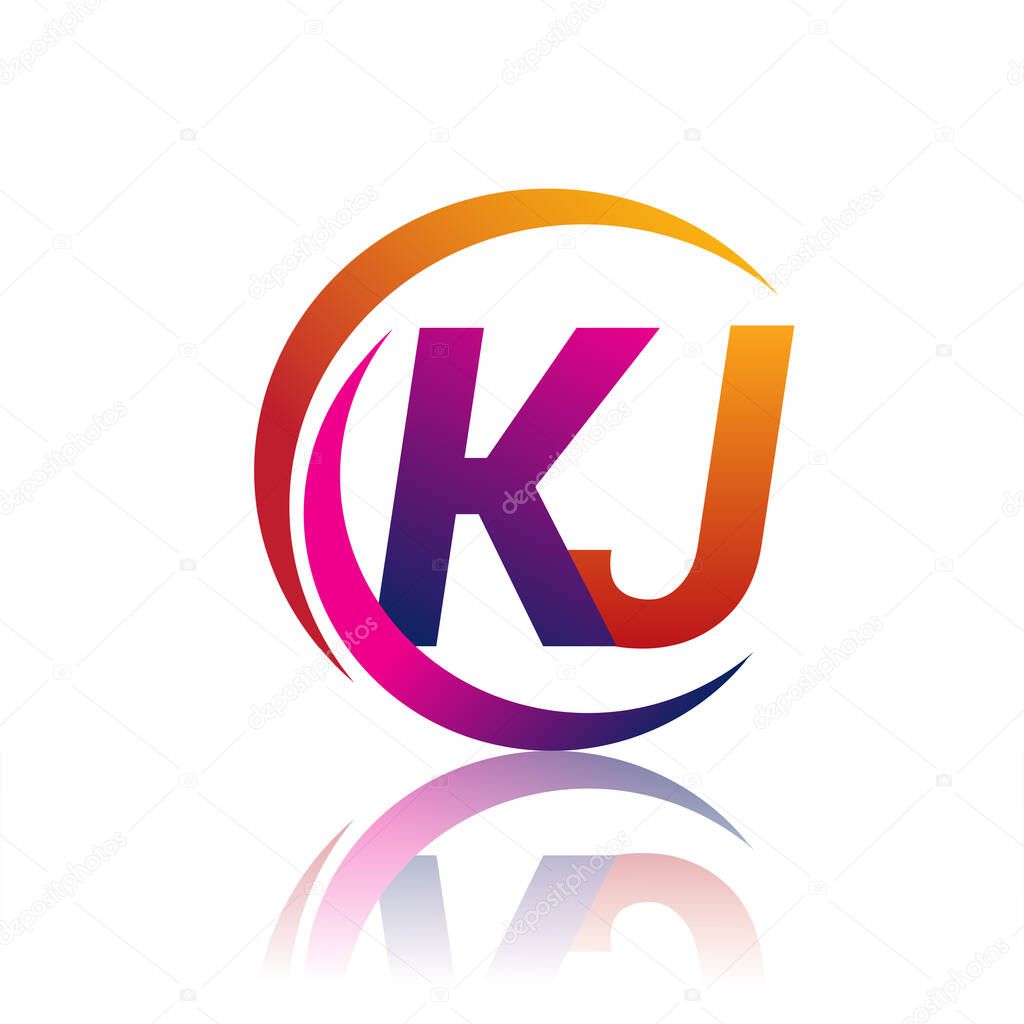 Initial letter KJ logotype company name orange and magenta color on circle and swoosh design. vector logo for business and company identity.