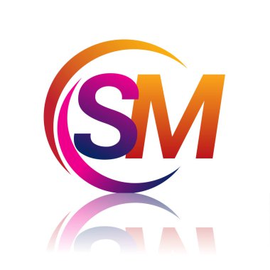İlk harf SM logotype şirketi daire ve swoosh tasarımında turuncu ve morumsu renkte. iş ve şirket kimliği için vektör logosu.