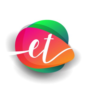 Renkli sıçrama arkaplanı olan ET harfi logosu, yaratıcı endüstri, web, iş ve şirket için harf kombinasyonu tasarımı.