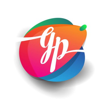 Renkli sıçrama arkaplanı olan GP logosu, yaratıcı endüstri, web, iş ve şirket için harf kombinasyonu tasarımı.
