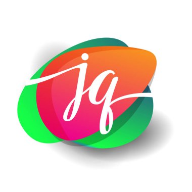 Renkli sıçrama geçmişi olan JQ harfi logosu, yaratıcı endüstri, web, iş ve şirket için harf kombinasyonu tasarımı.