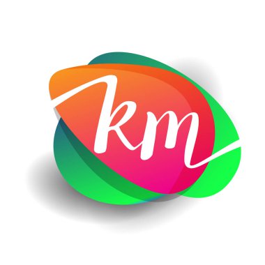 Renkli sıçrama geçmişi olan KM harfi logosu, yaratıcı endüstri, web, iş ve şirket için harf kombinasyonu tasarımı.
