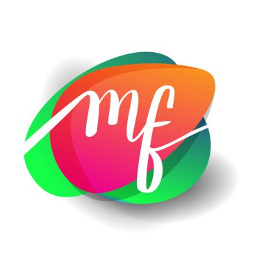 Renkli sıçrama arkaplanı olan MF logosu, yaratıcı endüstri, web, iş ve şirket için harf kombinasyonu tasarımı.