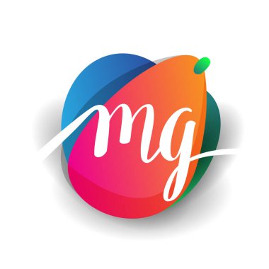 Renkli sıçrama arkaplanı olan MG logosu, yaratıcı endüstri, web, iş ve şirket için harf kombinasyonu tasarımı.