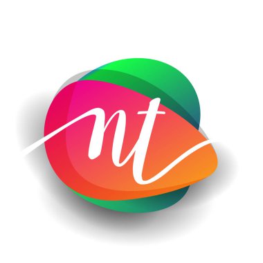 Renkli sıçrama arkaplanlı NT logosu, yaratıcı endüstri, web, iş ve şirket için harf kombinasyonu tasarımı.