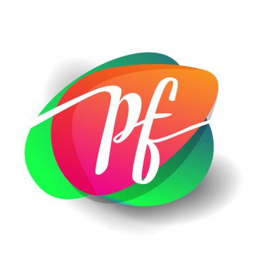 Renkli sıçrama arkaplanı olan PF logosu, yaratıcı endüstri, web, iş ve şirket için harf kombinasyonu tasarımı.