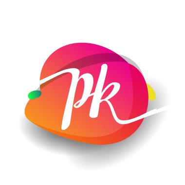 Renkli sıçrama arkaplanı olan PK logosu, yaratıcı endüstri, web, iş ve şirket için harf kombinasyonu tasarımı.