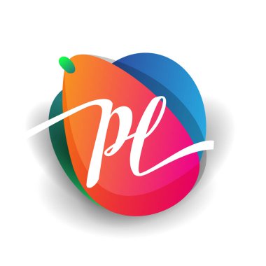 Renkli sıçrama arkaplanı olan PL logosu, yaratıcı endüstri, web, iş ve şirket için harf kombinasyonu tasarımı.