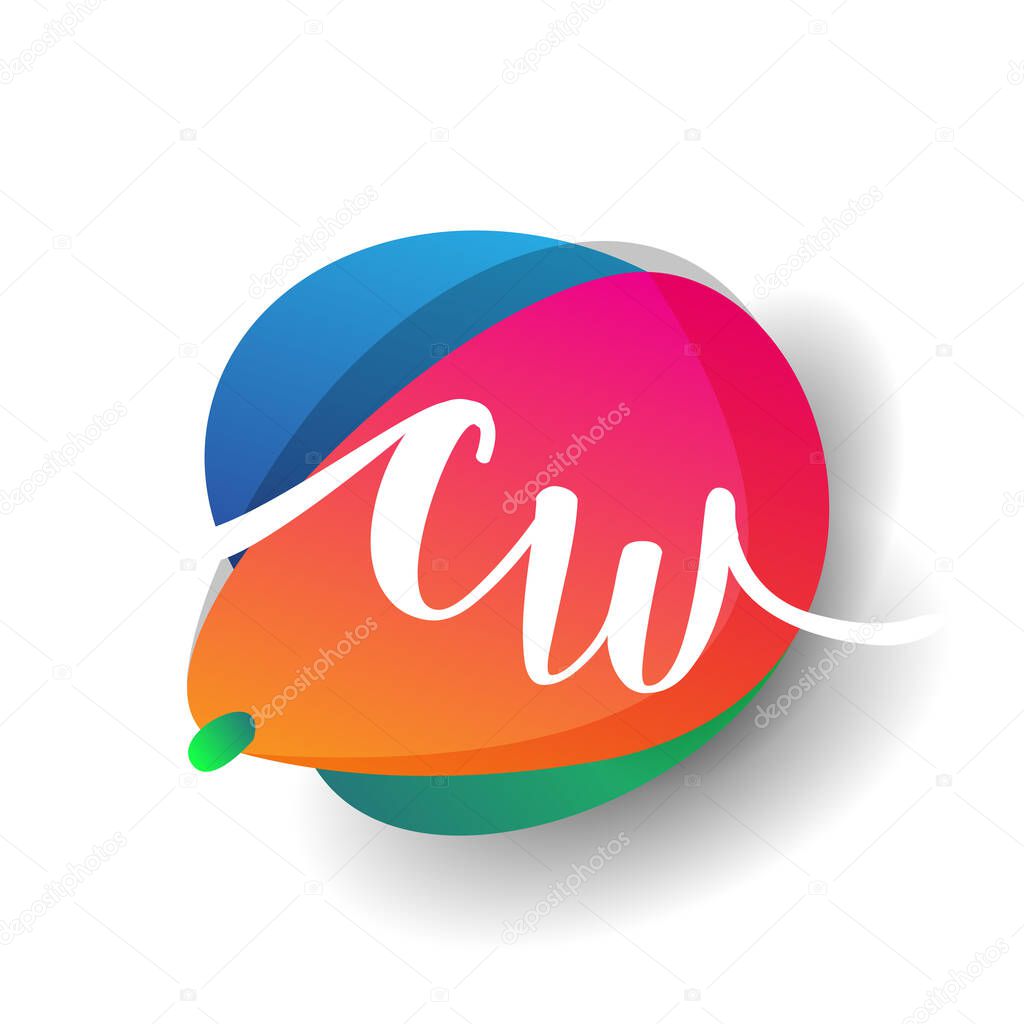 Letter CW logo with colorful splash background, letter combination logo design for creative industry, web, business and company.