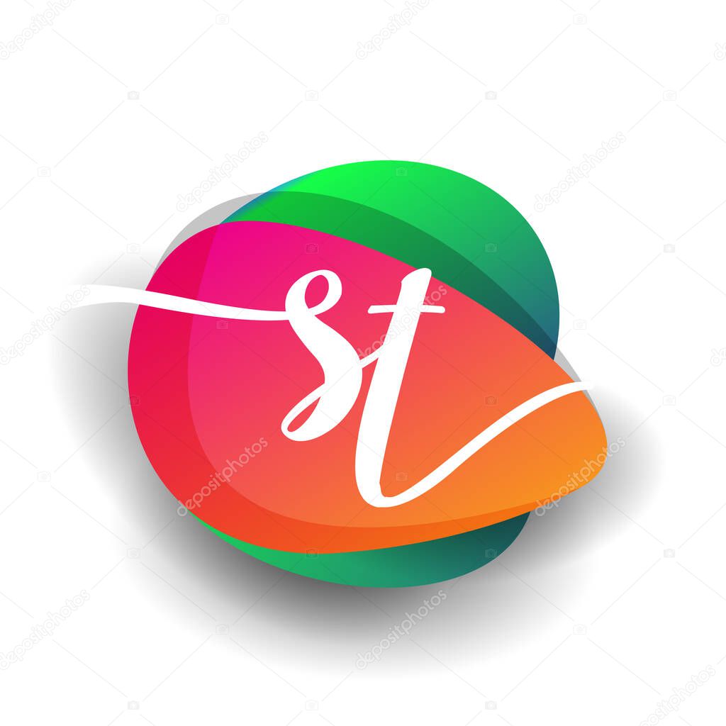 Letter ST logo with colorful splash background, letter combination logo design for creative industry, web, business and company.