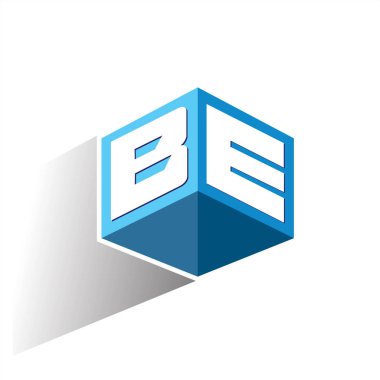 Altıgen şekilli ve mavi arkaplanlı BE logosu, şirket kimliği için harf tasarımlı küp logosu.