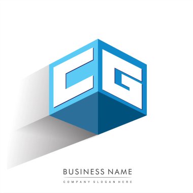 Altıgen şekilli ve mavi arkaplanlı CG logosu, şirket kimliği için harf tasarımlı küp logosu.