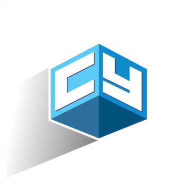 Altıgen şekilli ve mavi arkaplanlı CY logosu, şirket kimliği için harf tasarımlı küp logosu.