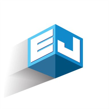 Altıgen şekilli ve mavi arkaplanlı EJ logosu, şirket kimliği için harf tasarımlı küp logosu.