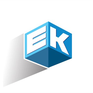 Altıgen şekilli ve mavi arkaplanlı EK logosu, şirket kimliği için harf tasarımlı küp logosu.