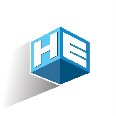 Altıgen şekilli ve mavi arkaplanlı HE logosu, şirket kimliği için harf tasarımlı küp logosu.