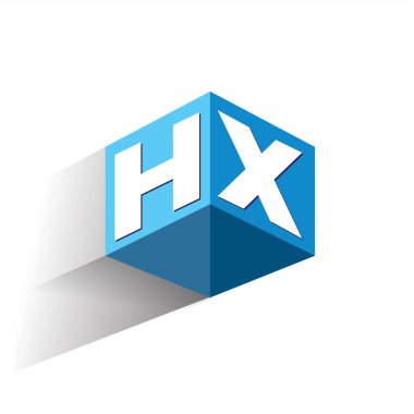 Altıgen şekilli ve mavi arkaplanlı HX logosu, şirket kimliği için harf tasarımlı küp logosu.