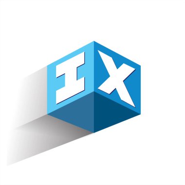 Altıgen şekilli ve mavi arkaplanlı IX logosu, şirket kimliği için harf tasarımlı küp logosu.