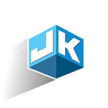 Altıgen şekilli ve mavi arkaplanlı JK logosu, şirket kimliği için harf tasarımlı küp logosu.