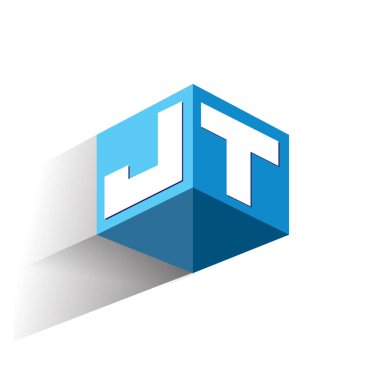 Altıgen şekilli ve mavi arkaplanlı JT logosu, şirket kimliği için harf tasarımlı küp logosu.