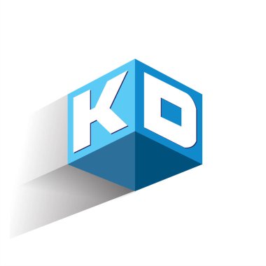 Altıgen şekilli ve mavi arkaplanlı KD logosu, şirket kimliği için harf tasarımlı küp logosu.