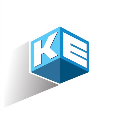 Altıgen şekilli ve mavi arkaplanlı KE logosu, şirket kimliği için harf tasarımlı küp logosu.