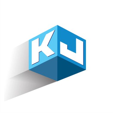 Altıgen şekilli ve mavi arkaplanlı KJ logosu, şirket kimliği için harf tasarımlı küp logosu.