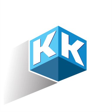 Altıgen şekilli ve mavi arkaplanlı KK logosu, şirket kimliği için harf tasarımlı küp logosu.
