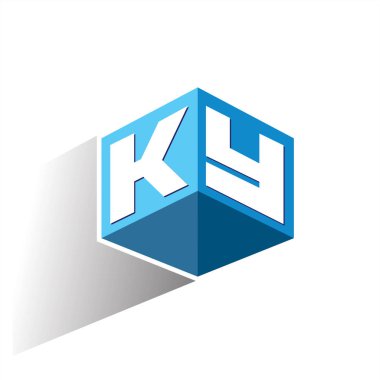 Altıgen şekilli ve mavi arkaplanlı KY logosu, şirket kimliği için harf tasarımlı küp logosu.