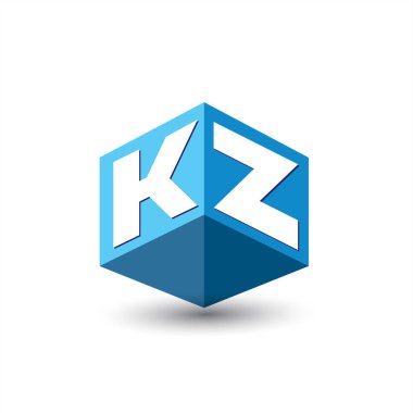 Altıgen şekilli ve mavi arkaplanlı KZ logosu, şirket kimliği için harf tasarımlı küp logosu.