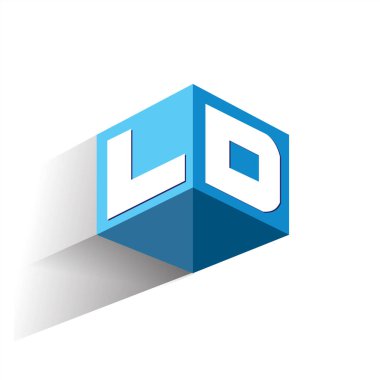 Altıgen şekilli ve mavi arkaplanlı LD logosu, şirket kimliği için harf tasarımlı küp logosu.
