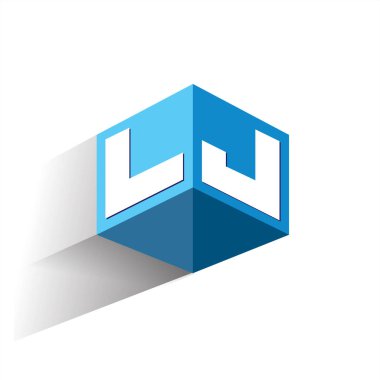 Altıgen şekilli ve mavi arkaplanlı LJ logosu, şirket kimliği için harf tasarımlı küp logosu.
