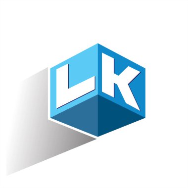 Altıgen şekilli ve mavi arkaplanlı LK logosu, şirket kimliği için harf tasarımlı küp logosu.
