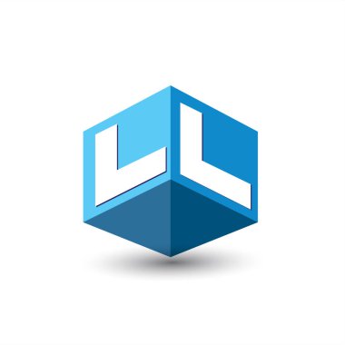 Altıgen şekilli ve mavi arkaplanlı LL harfi logosu, şirket kimliği için harf tasarımlı küp logosu.