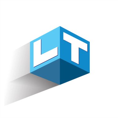 Altıgen şekilli ve mavi arkaplanlı LT logosu, şirket kimliği için harf tasarımlı küp logosu.