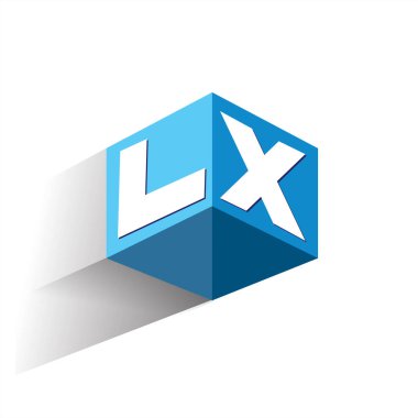Altıgen şekilli ve mavi arkaplanlı LX logosu, şirket kimliği için harf tasarımlı küp logosu.