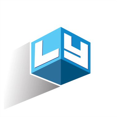 Altıgen şekilli ve mavi arkaplanlı LY harfi logosu, şirket kimliği için harf tasarımlı küp logosu.