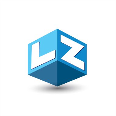 Altıgen şekilli ve mavi arkaplanlı LZ logosu, şirket kimliği için harf tasarımlı küp logosu.