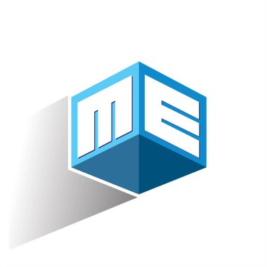 Altıgen şekilli ve mavi arkaplan şeklinde ME logosu, şirket kimliği için harf tasarımlı küp logosu.